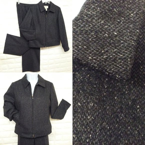Y2K Eddie Bauer 2pc Suit Wool/Silk Tweed Ladies-S(4) Bomber Jacket Wide Trouser - Picture 1 of 11